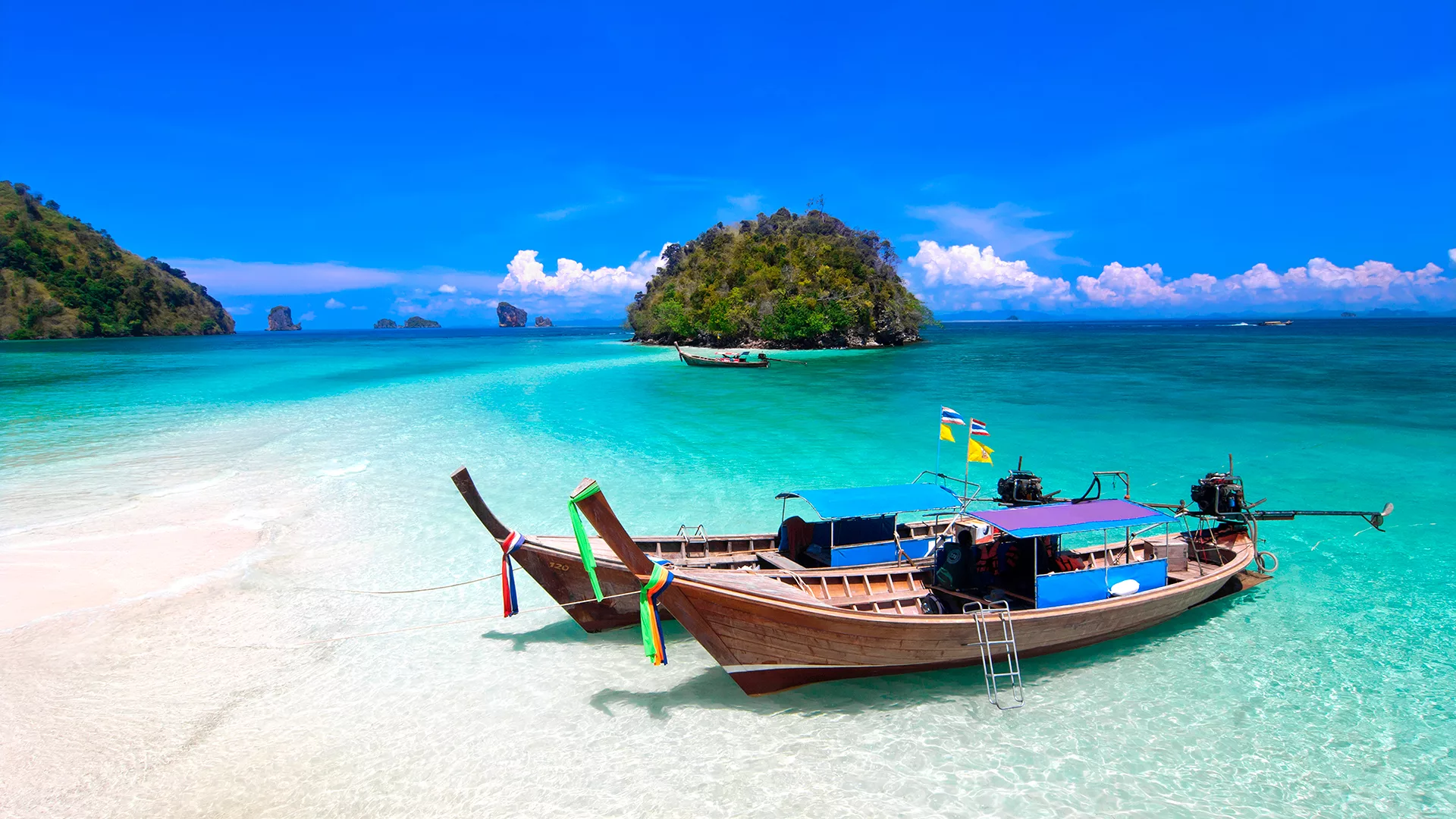Tropical Beach Traditional Long Tail Boats Andaman Sea