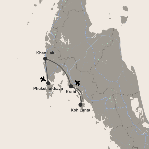 Kort over rejse: 3 uger til Khao Lak, Krabi og Koh Lanta